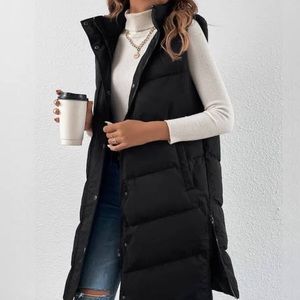 Zella Nordstrom Long Black Hooded Puffer Vest Jacket - Oversized - Black